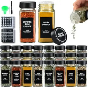 24 Glass Spice Jars with Label-4oz Spice Containers with Black Lids and Shaker Lids,3 Sets of Spice Labels 1 Collapsible Funnel 2 Erasable Markers (24, Black)