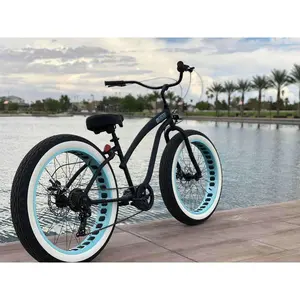 **Back In Stock** SIKK Ladies UFO Fat Tire 7 Speed Cruiser Flat Black Frame Teal Wheels Whitewall Tires