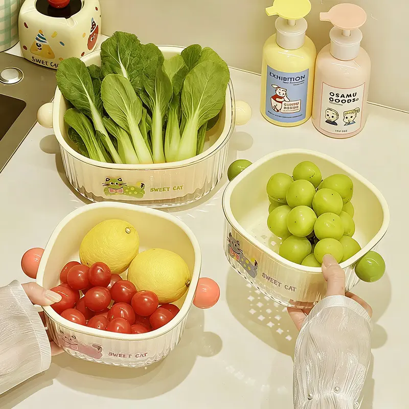 Cute Cartoon PE Kitchen Drainage Colander with Strainer - Kitchen Sink Organizer for Daily Use Home Storage, Multiple Available Colors