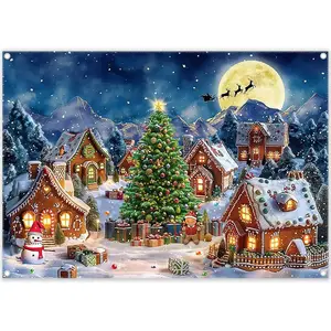 7x5ft Fabric Christmas Gingerbread House Village Backdrop Winter Snow Pine Tree Night Photography Background Xmas Fairy Tale Party Photo Booth Banner