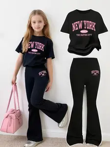 Girls' Two-Piece Set, Printed Long Pants & Short Sleeve T-Shirt, Elastic Soft Fabric, New York Pattern, Casual for Daily Outdoor Activities, Bell Bottoms