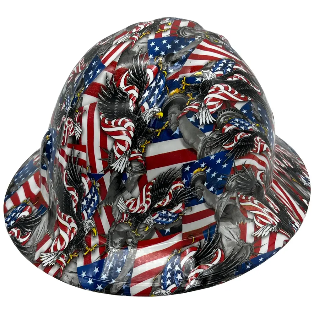 Texas America Safety Company Full Brim Style Hydro Dipped Patriotic Hard Hats with 6 Point Ratchet Suspension, Part #hdhh-1700-FB