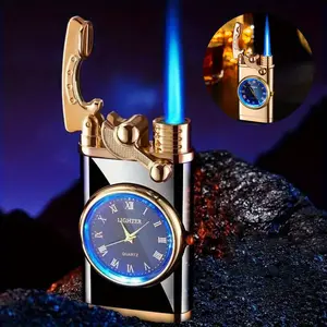 (Butane Gas Not Included) Vintage Torch Lighter with Roman Numeral Clock - Portable Blue Flame Refillable Fuel Lighter, No Electricity Required - Elegant Gift