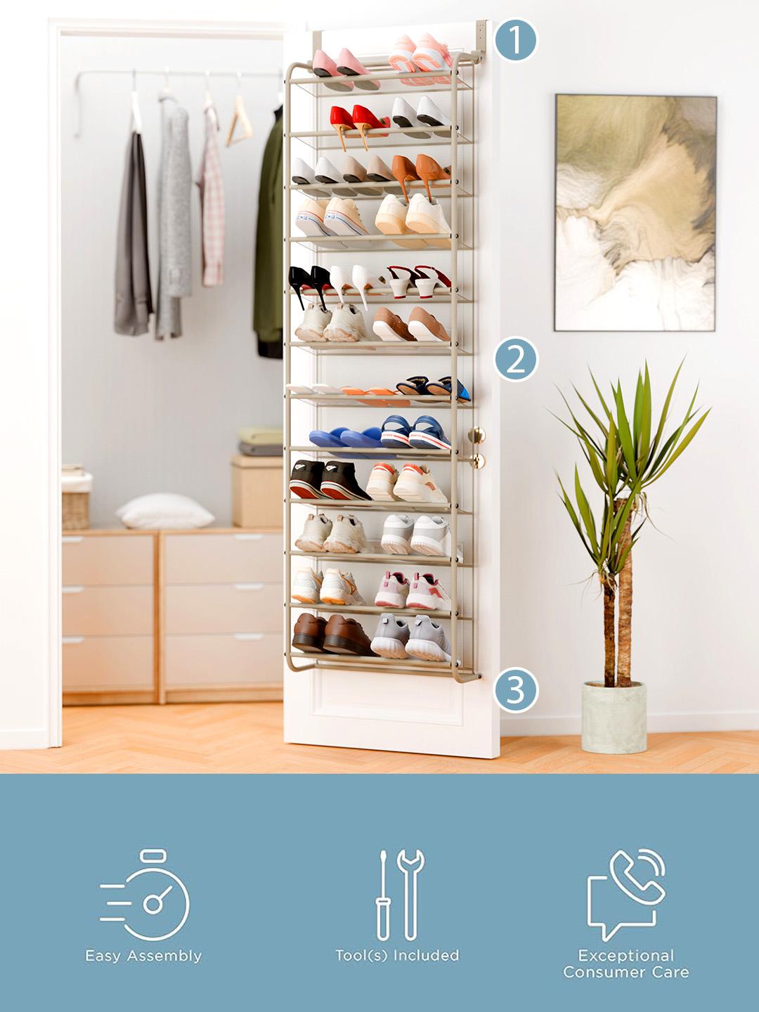 Whitmor 36 Pair Over The Door Shoe Organizer, 12 Tier Hanging Shoe Organizer, Heavy Duty Metal & Mesh Shoe Holder, Hanging Shoe Rack for Closet Organizer & Storage, 74" L x 21.7" W x 7.5" H,,dorm essentials,home decor