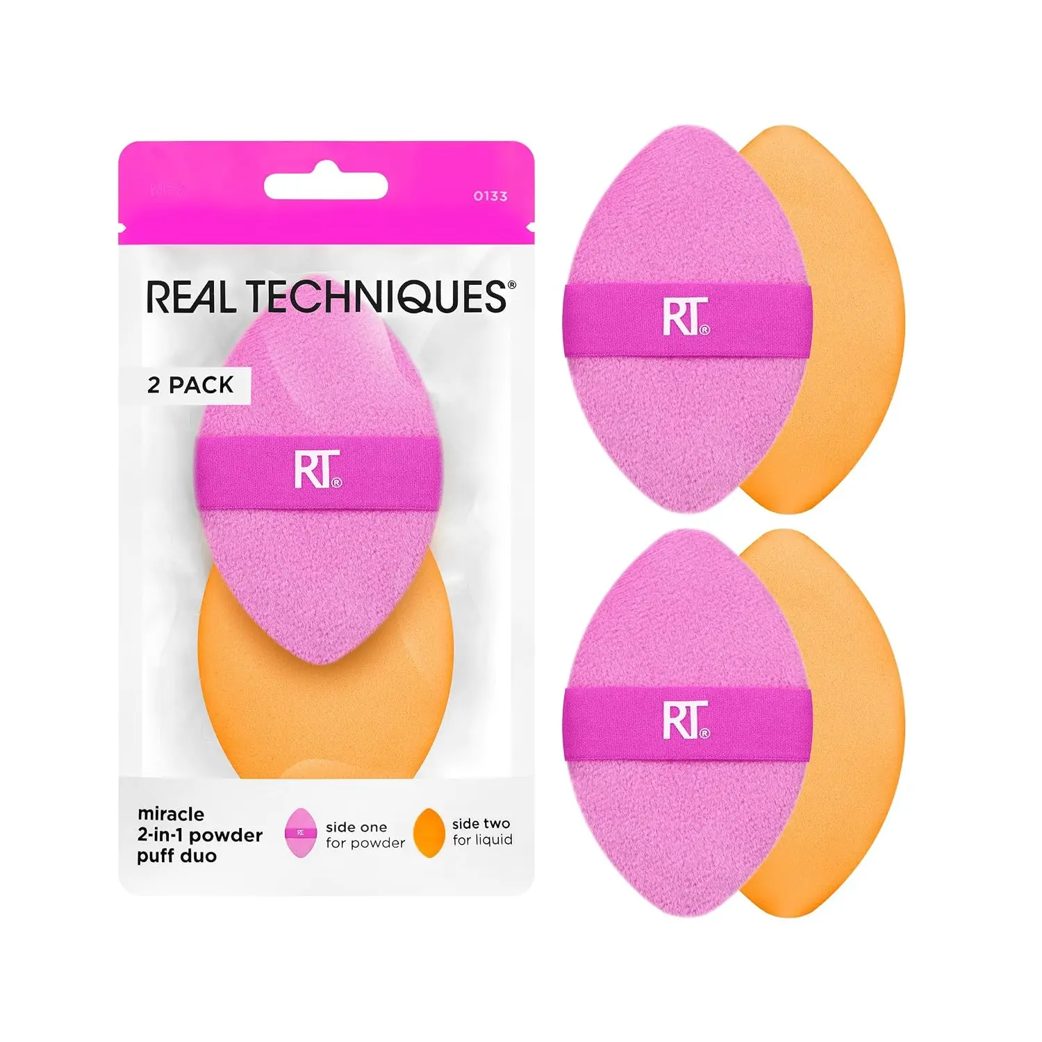 Real Techniques Miracle 2-In-1 Powder Puff 2 Pack | Easy touch-ups with a foundation sponge with setting powder puff, dual sided makeup puff, reversible band and 2 pack
