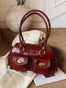 Retro versatile casual baguette bag, double pocket design, practical   fashionable shoulder handbag, niche design light luxury texture baguette bag, versatile and multi-color optional, suitable for shopping, dating and other wear