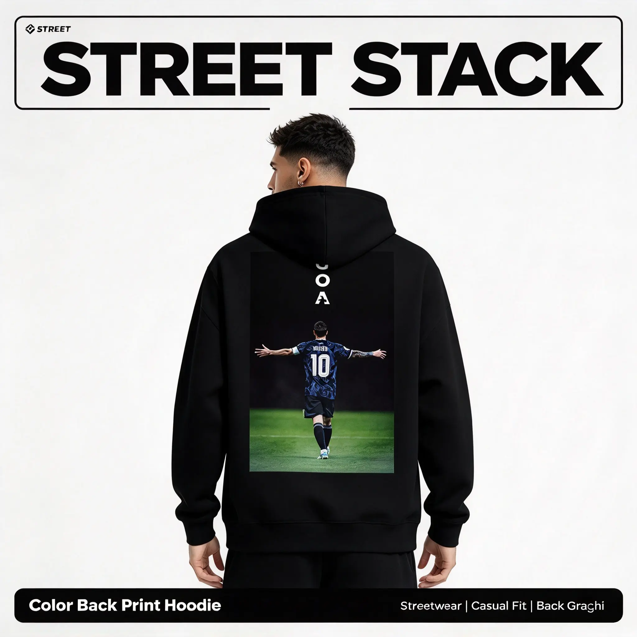 GOA Brand Black Hoodie with Soccer Player Print and "GOA" Text on Back for Men