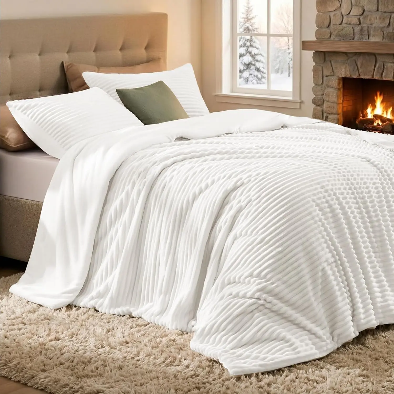 Fleece Comforter Set Queen Size-Super Warm & Lightweight Fluffy Winter Comforter(90"x90"), Luxury Fuzzy White Bed Set with 2 Pillowcases