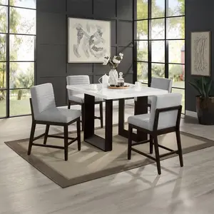 Acme DN03255 5 PC Edwyn Espresso Finish Wood Marble Top Counter Height Dining Table Set with 4 Linen Fabric Padded Chairs for Elegant Dining Experience