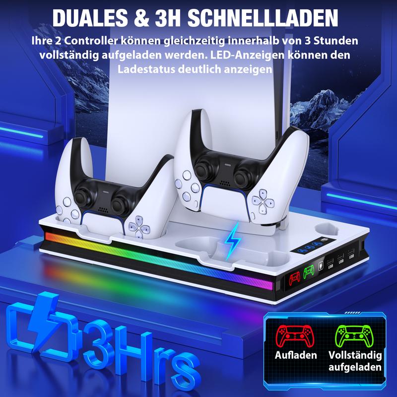 PS5/Pro/Slim Stand and Cooling Station with Controller Charging Station for Playsation 5 Disc Digital Console, PS5 Accessories Incl. 3 Level Cooling Fan, LED, 3 USB Hub, Media Slot, Headset Holder