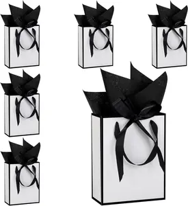 6 count Thank You  Bags with Handles and Tissue Paper 9 x 7 x 3. 15'' Elegant Welcome  Bags with Bow Ribbon for Wedding Bridal  Shower Housewarming Birthday Party(White, Black)