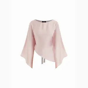 Cider Satin Boat Neck Bell Sleeve Asymmetrical Blouse