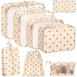 8 Set Packing Cubes for Travel, Luggage Packing Organizers Accessories Large Toiletries Bag for Clothes Shoes Cosmetics (8Set-Beige Strawberry)
