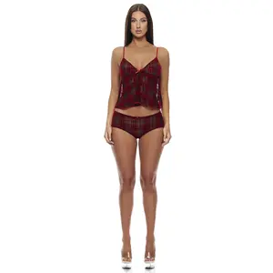 Forplay Velvet Lines 2-Piece Plaid Mesh Cami and Boyshorts Set - Red