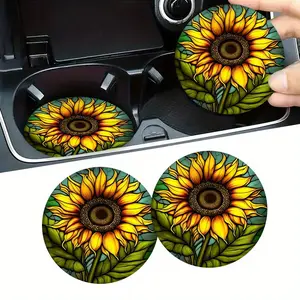 2pcs Sunflower Car Coasters - 2.75" Non-Slip Drink Mats for Cup Holders - Absorbent And Odor-Free Car Interior Accessories for Women And Men - Ideal Party Gifts