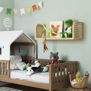 Rattan Wall Shelf, Hanging Book Shelves for Wall, Decorative Shelves for Natural Nursery Decor, Picture Ledge Shelves, Floating Rattan Shelf for Office, Bedroom, Bathroom