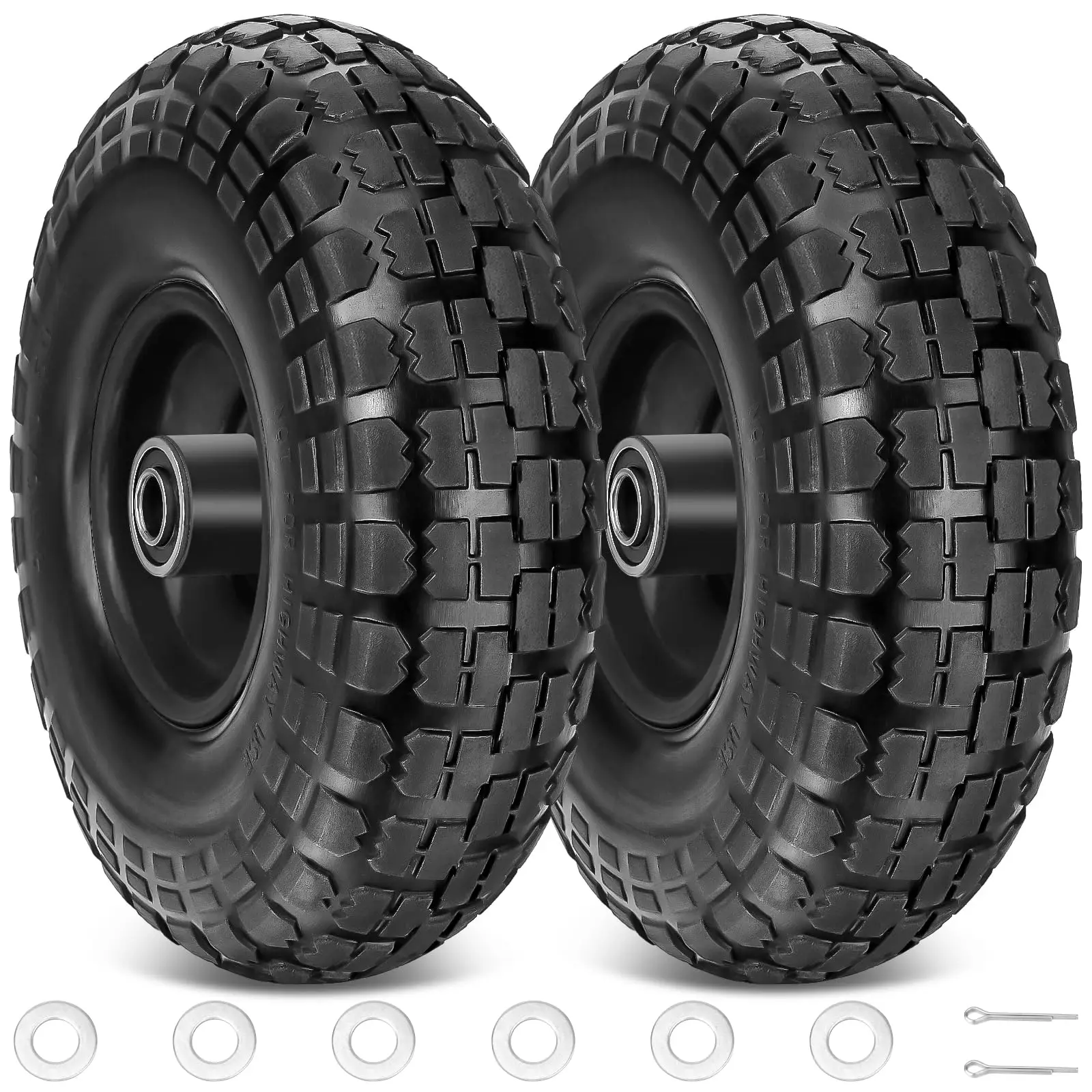 10" Solid Tires, 2 Pack Flat Free 4.10/3.50-4'' Wheels with 5/8” Axle Bore Hole and Double Sealed Bearings