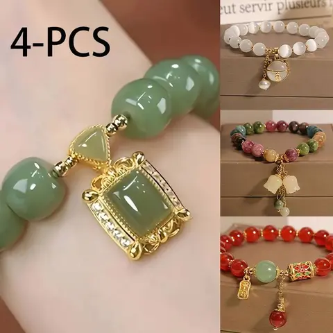 4pcs Elegant Bracelets Featuring Opal Beads, Vintage Green Glass, Red Agate Charms, And Lucky Cat Pendants - Jewelry Gift for Women Men Couple Best Friend