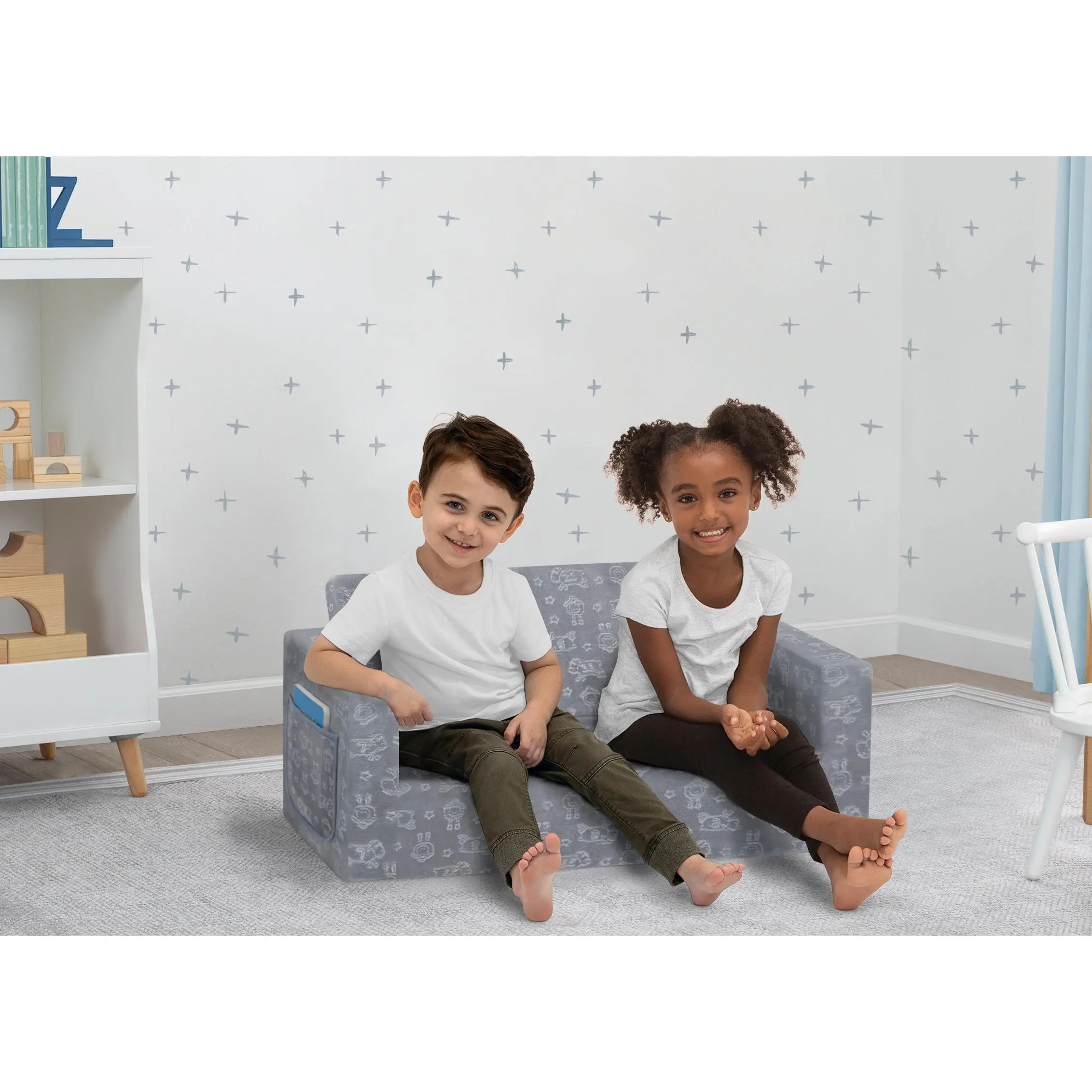 Serta Extra Wide Convertible Sofa to Lounger with Adorable Sheep Pattern, Foam Cushioning, Ideal for Children’s Sleepovers, Playtime