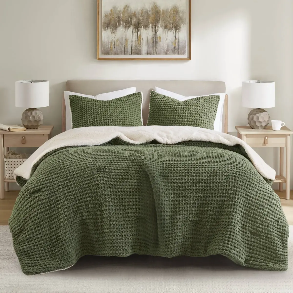360 Stand Waffle Knit Sherpa Bedding Set - Cozy Setup, Knitted Texture, Breathable, Classic, Neutral Olive, Full/Queen Size, Bedding Sets Collections