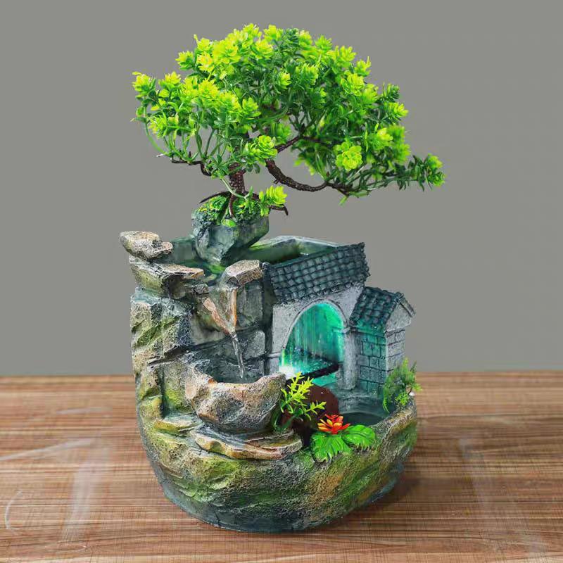 CNCEST Desktop Mini Waterfall Fountain Meditation Ornament Stress Relief W/ Light LED Decoration Landscape Relaxation Indoor Waterfall for home