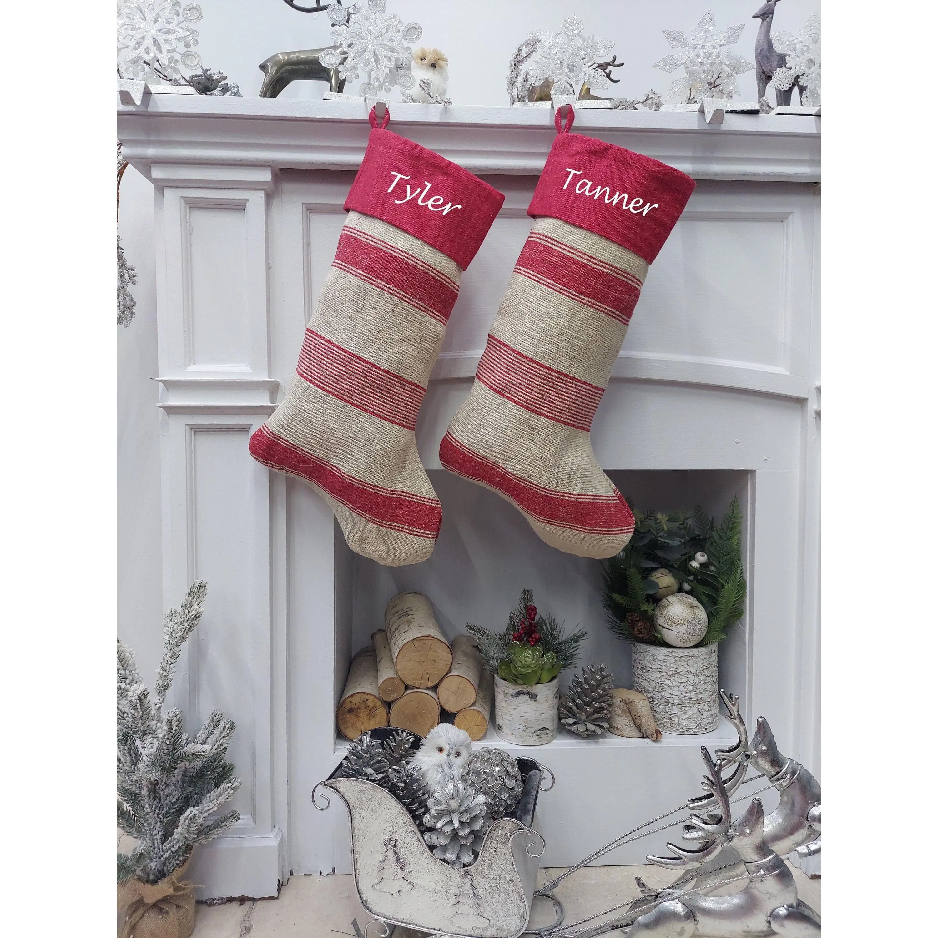 Banded Burlap Natural Fiber Christmas Stocking | Natural Burlap Jute Fiber Cotton Farmhouse Country Style Decor Personalized Name Tag