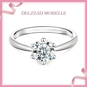 Delzzad S925 1-2ct Round VVS Synthetic Moissanite Classic Six-Prong Women Ring Costume Jewelry Accessories Perfect Gifts for Engagement Wedding Anniversary