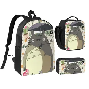 Ultra Light Totoro School Daypack 3pcs Stylish Spanish Players Backpack Set with Insulated Lunch Bag & Pencil Pouch Hot Trend My neighbor totoro Backpack   Back to School Gifts