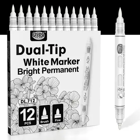 Hdele Dual Tip Permanent Acrylic Markers Set - 1mm Fine & 1-8mm Brush Tip, Long-Lasting Direct Liquid Ink White Art Markers for Rock Painting, Crafting (Office Art Supplies, Perfect Gift Option)