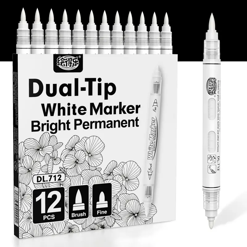 Hdele Dual Tip Permanent Acrylic Markers Set - 1mm Fine & 1-8mm Brush Tip, Long-Lasting Direct Liquid Ink White Art Markers for Rock Painting, Crafting (Office Art Supplies, Perfect Gift Option)