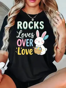 Rocks Loves Over Love Easter Bunny With Basket Printed Black T Shirt