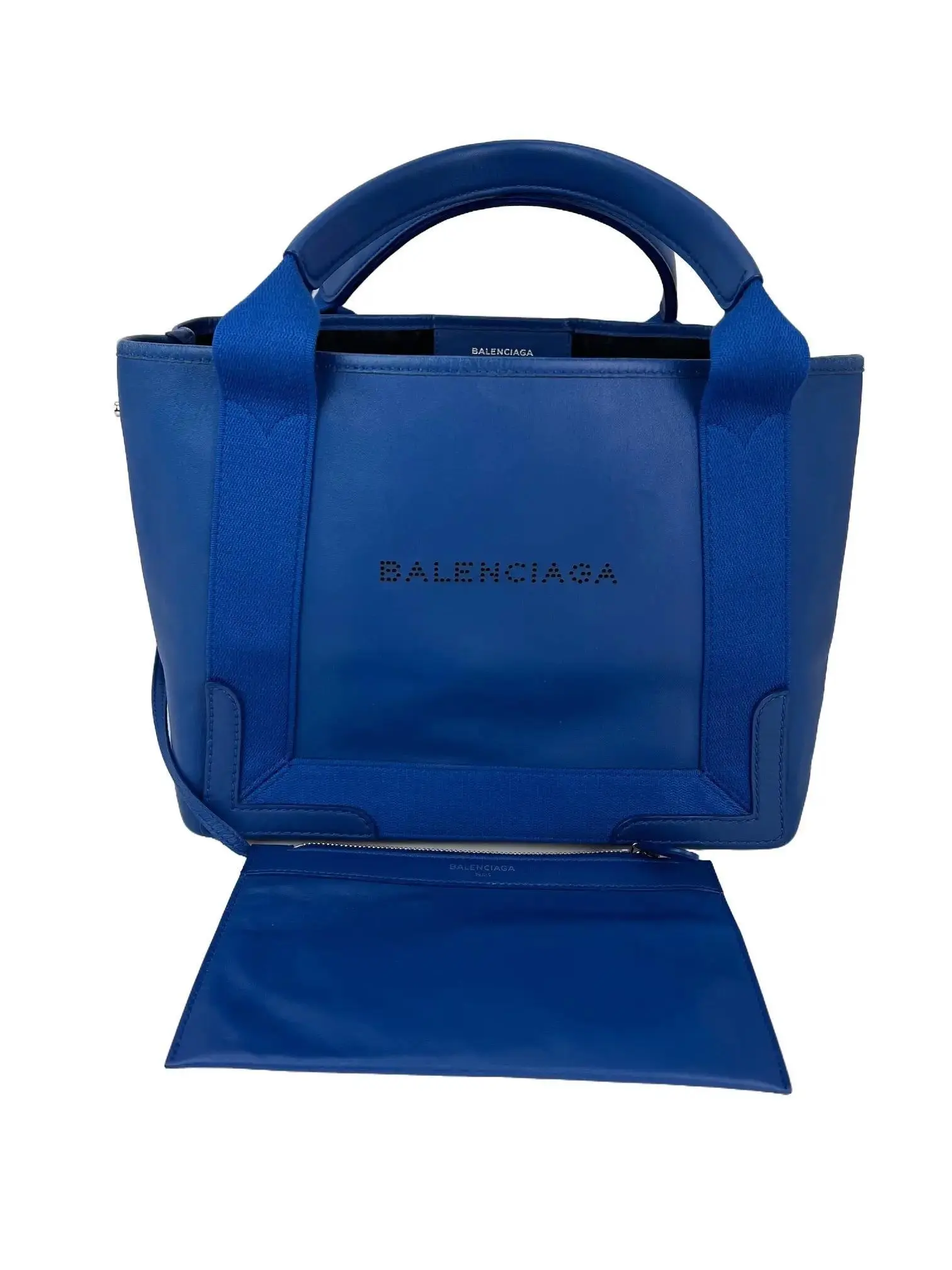 Pre-owned Balenciaga Leather Tote Bags Calfskin Tote Bag Set S Navy Cabas Blue, Elegant Design, Good Condition, Includes Tote & Pouch, Black & Silver Accents