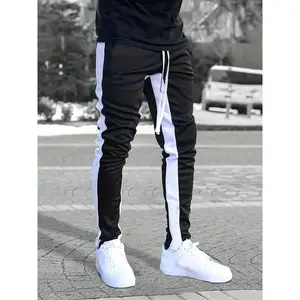 Contrast Color Side Strip Design Print Drawstring Sweatpants Streetwear Pants Men's Casual Slightly Stretch Joggers For Spring Autumn