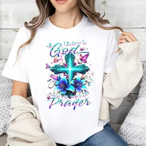 Religious Floral Design Women's T-Shirt I Believe In God And The Power Of Prayer Christian Faith Statement Spring Summer Wear Gift For Believers And Faithful Friends
