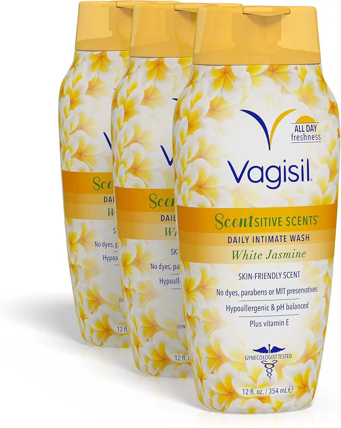 Feminine Wash for Intimate Area Hygiene, Scentsitive Scents, pH Balanced and Gynecologist Tested, White Jasmine, 12 oz (Pack of 3)