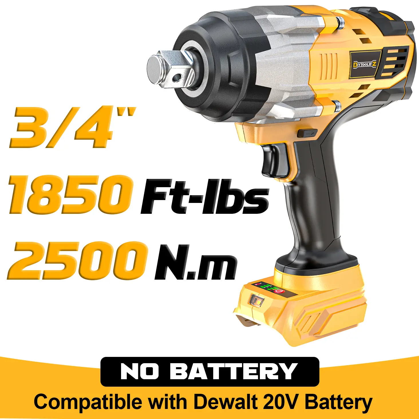 1850Ft-lbs(2500N.m)-3/4"Impact Wrench for Dewalt 20V Battery(NO Battery!!!), Brushless Impact Gun 4-Speed with Auto-Stop Reverse for Car Cordless