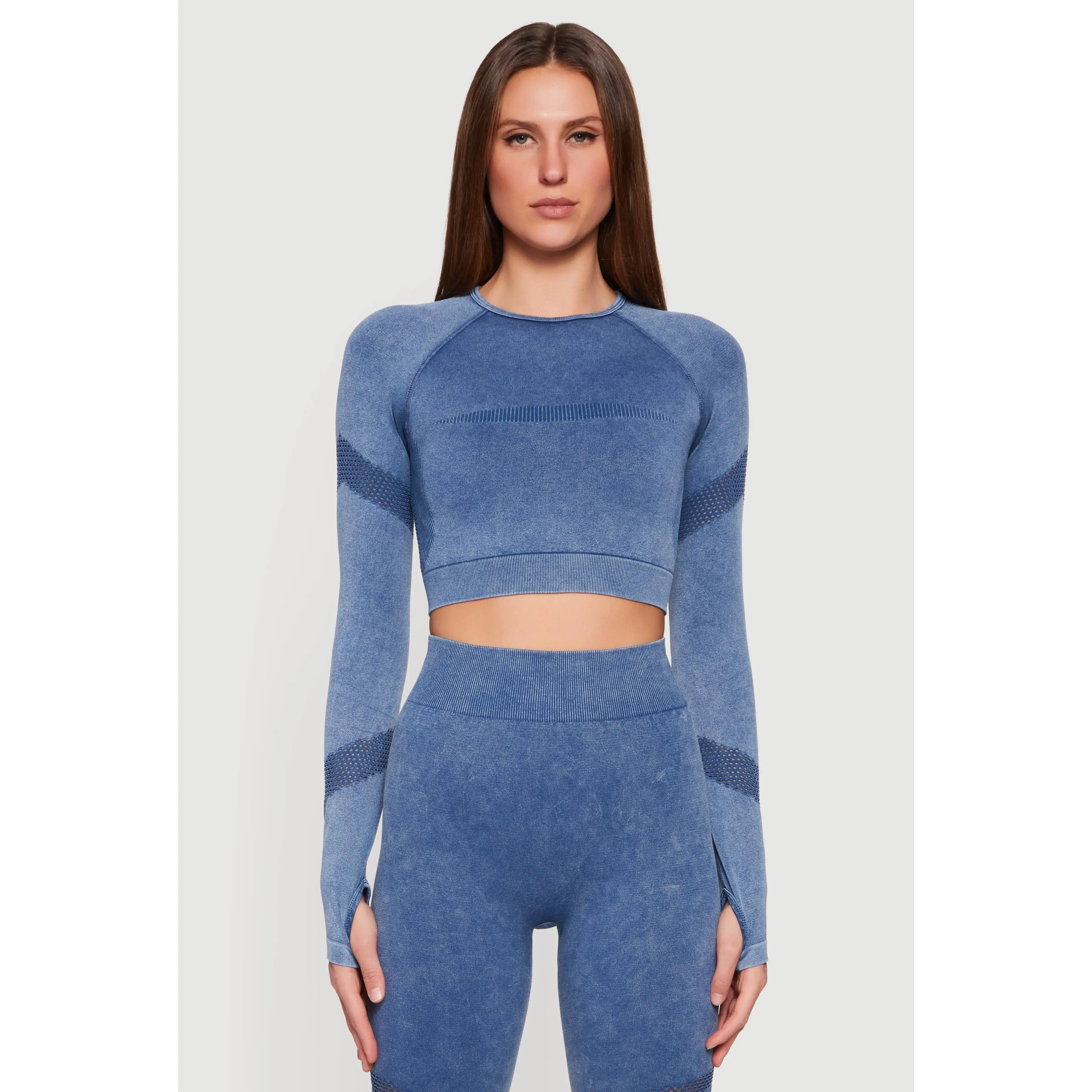 Acid Wash Laser Cut Long Sleeve Crop Top with Thumb Holes