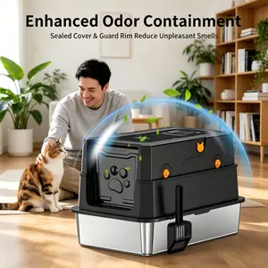 Stainless Steel Cat Litter Box, Black & Silver Odor-Free Washable Litter Box, High-Sided Anti-Leak Poultry Cage for Cats with Hanging Scoop