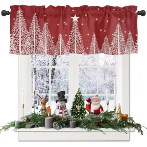 Christmas Tree Kitchen Valances Curtains for Windows Snowscape Red Rod Pocket Window Valances for Living Room Bathroom ,1 Panel Short Treatments Curtains Winter Holiday Christmas Decorations, 54x18in