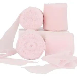 4 Rolls Chiffon Silk Ribbon Frayed Edge Chiffon Ribbon 1-1/2 Inch Wide 21 Yards Long Handmade Fringe Silk Chiffon Ribbon for Crafts Weddings and Home Decor Pink #22