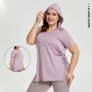 Plus Size ALPINEA Women's Slim Fit Fitness Hooded Short Sleeve Sports T-Shirt Quick-Dry Plus Size Hip-Length Yoga Top