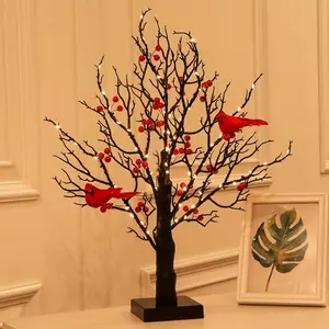 1pc Majestic 21-inch LED Lighted Artificial Birch Tree 60 LED Lights Warm Red Bird Decorative Accent for Indoor Room, Home, Office, Theme Party, and Christmas Decorations