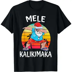Mele Kalikimaka Hawaiian Christmas Dabbing Santa Hawaii Xmas T-Shirt, 100% Cotton, Single Side Printed, Black Short Sleeve T-shirt, 1 pc, Christmas Halloween Thanksgiving Gift