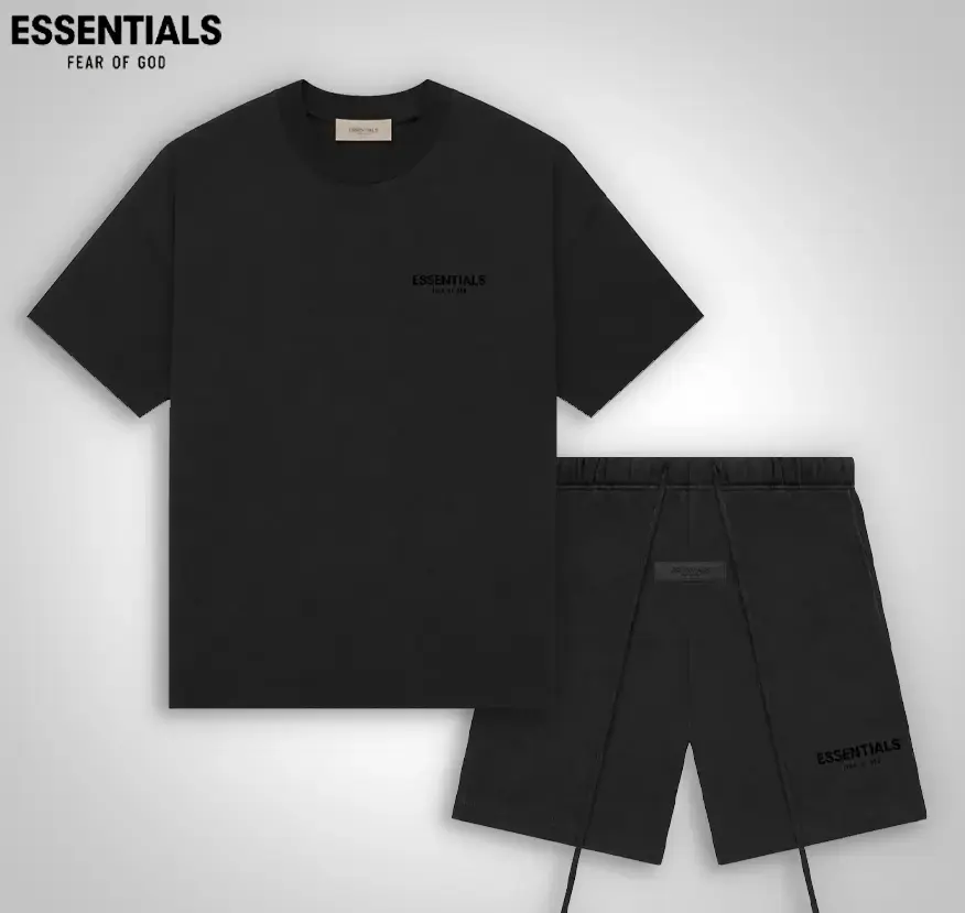 (One SET-Tee and Shorts) Fear of God Essentials T-shirt & Shorts Set Stretch Limo/Black OVER SIZE Casual Wear Comfortable Fit Simple Design Versatile Everyday Wear Menswear Tops Crewneck ShortSleeve Light Oatmeal Color