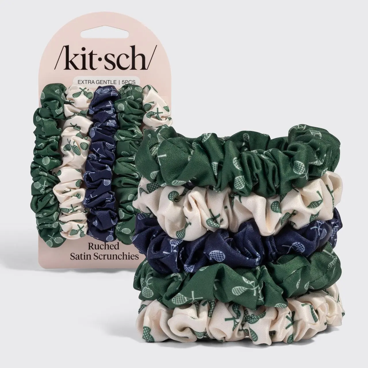Cream, Court Green & Navy Blue Ruched Satin Scrunchies 5pc Set