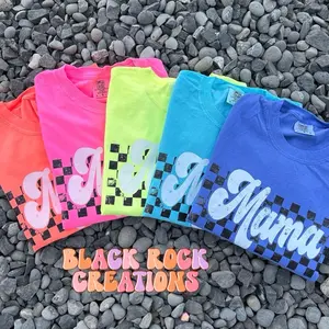 Neon checkered distressed mama comfort colors tshirt Unisex Womenswear Tops Comfortable Fit