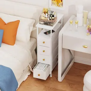 Narrow Nightstand With Charging Station - Slim Dresser  Bedroom Narrow Side  Storage Cabinet, Small Dressers Chest Of Drawers, Tall Night Stand End   Small Spaces, White Table for Modern Glass Display console dining Mobile Standing Desk Wheels Marble