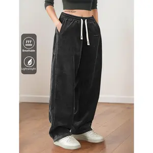 Fashionable women's corduroy wide leg pants with spring and autumn casual elastic waistlines, comfortable casual date nights, comfortable elastic waistband drawstring pants, lightweight elastic sports sweatpants, wide leg loose fit sports pants
