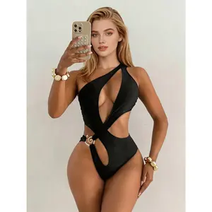 Pure color one-piece sheer sexy bikini for swimming, beach vacation and hot spring bathing, pure color integrated swimming suit.