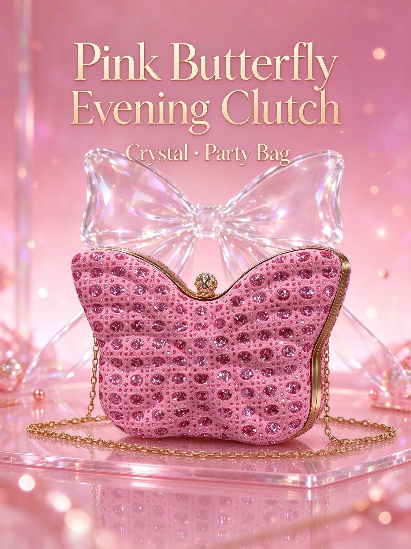 Pink Butterfly Crystal Wedding Evening Clutch